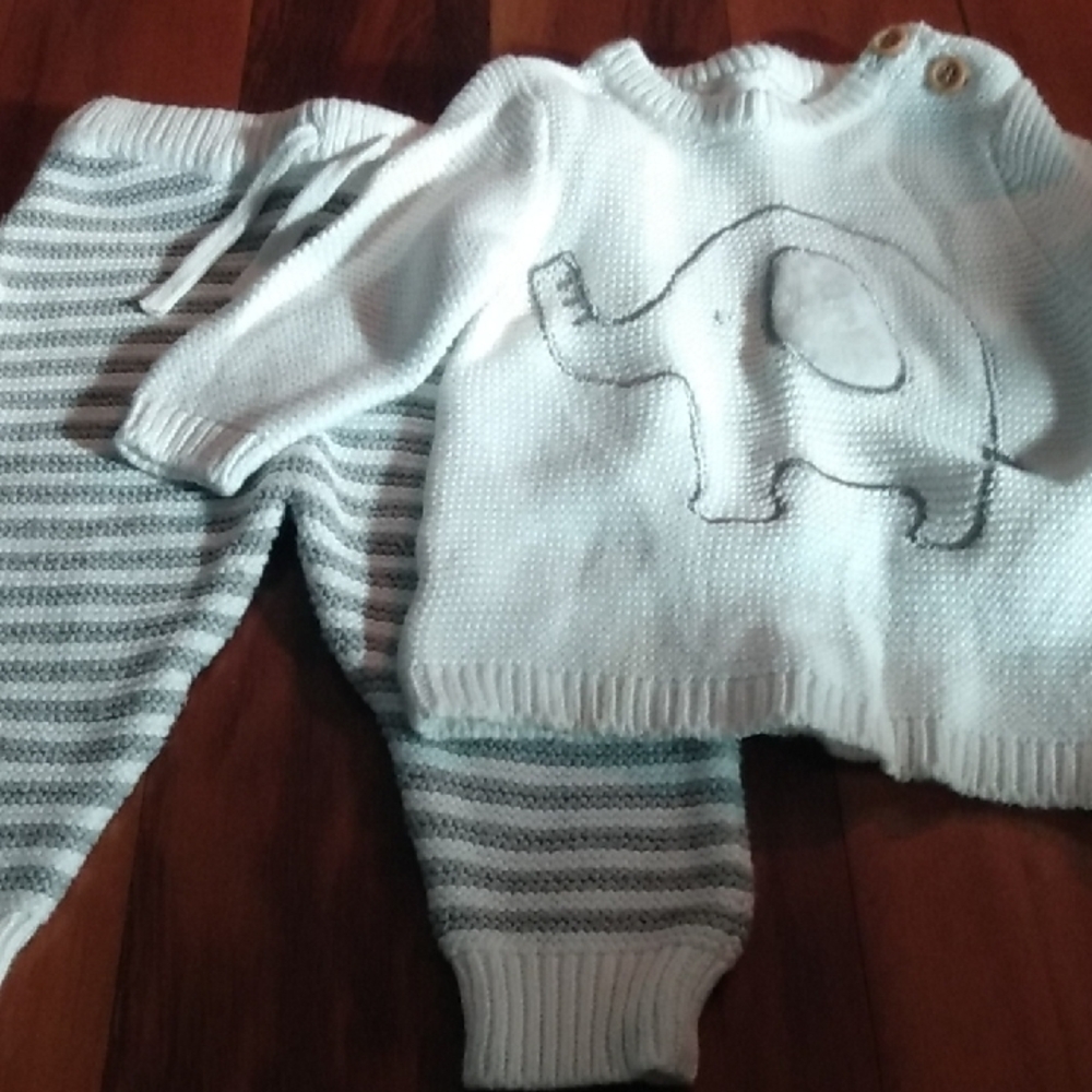Rene Rofe Baby 0-3 Months Knit Elephant Outfit, Sweater & Striped Pants Set